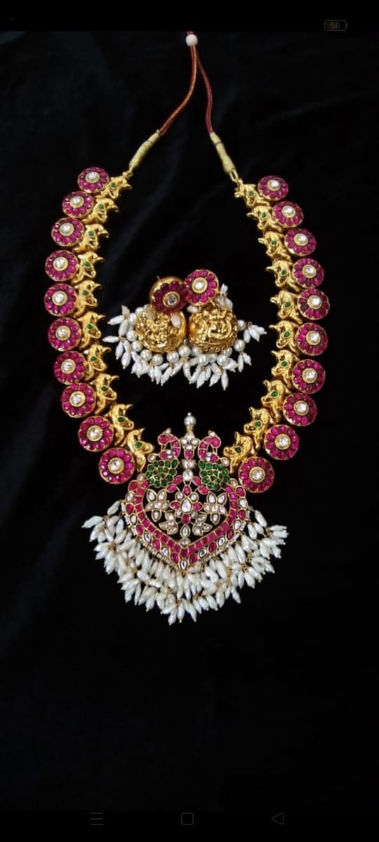 Beautiful jadau kundan antique finished haram with real rice pearls/comes with matching jhumkas