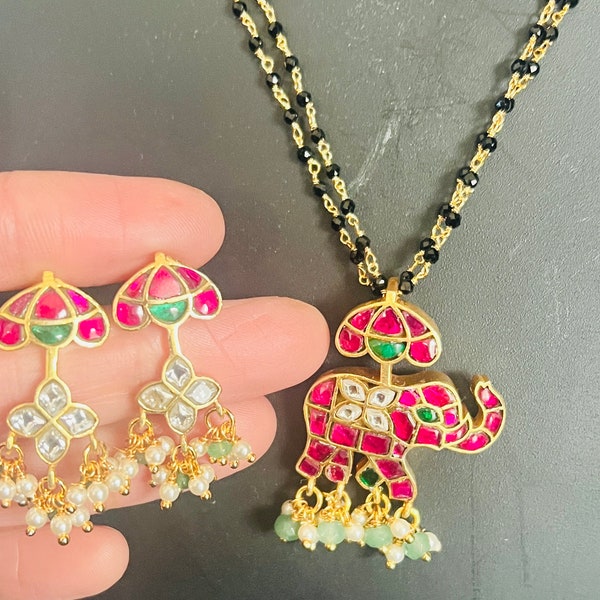 Jadau Kundan Mangalsutra/Black beads chain with elephant themed jadau kundan pendant and earrings