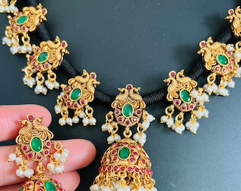 Beautiful black thread neckset with kemp and green stones/Matte finish/matching jhumkas