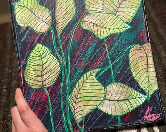 May include: A painting on canvas featuring a stylized depiction of green leaves with white veins against a dark background with hints of red and blue.