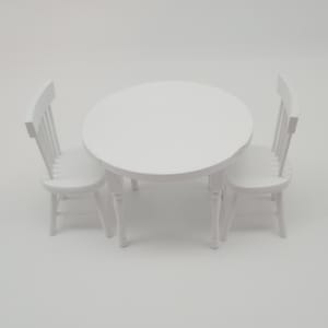 May include: A miniature white dining set, featuring a round table and two chairs. The table has a diameter of approximately 12 inches, and the chairs have a classic design. The set is made of wood and painted white, perfect for a dollhouse or craft project.