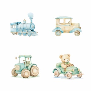 May include: Watercolor illustrations of toy vehicles: a blue steam train, a vintage car in cream and blue, a green tractor, and a teddy bear driving a green car. All are painted in a soft, pastel style, perfect for nursery decor.