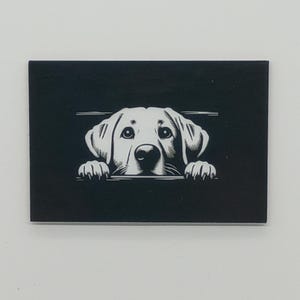 May include: A black rectangular sign with a white illustration of a Labrador Retriever dog peeking over a line. The dog's head and paws are visible, with detailed facial features and fur texture.