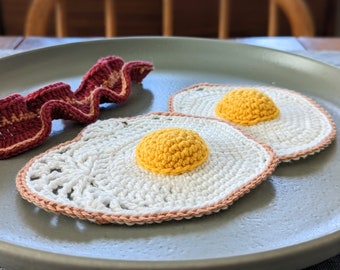 Crochet Lacy Fried Eggs and Bacon Pattern: Pretend Play Food (PDF Digital Download)