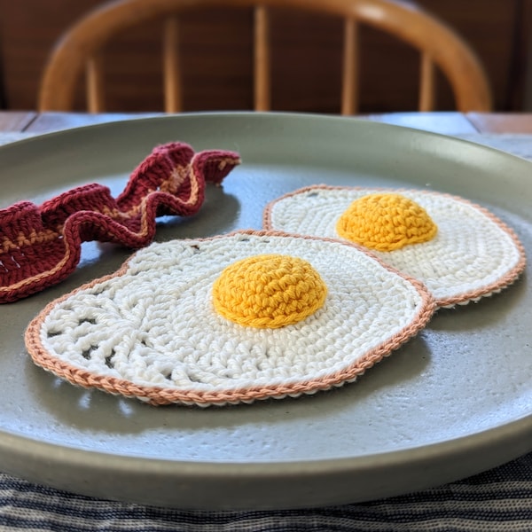 Lacy Fried Eggs and Bacon Pattern | Crochet Food Play Kitchen | Pretend Play | Montessori Play | Breakfast Amigurumi | PDF Digital Download