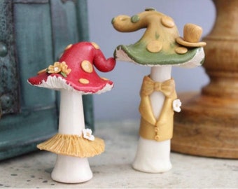 Handmade Mushroom Wedding Cake Topper, Polymer Clay Bride and Groom