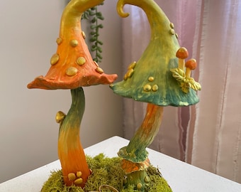 Handmade Mushroom Wedding Cake Topper, Polymer Clay Bride and Groom