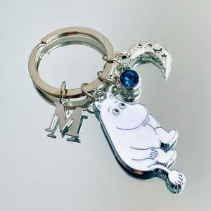 Personalised Moomin inspired keychain keyring with crystal birth stone charm & initial letter charm | initial keychain | anime gift |UK