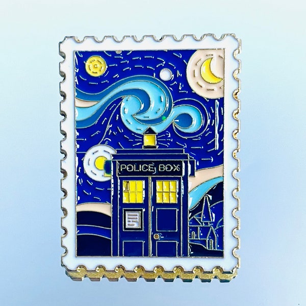 Tardis / Van Gogh Starry Night stamp shaped enamel pin badge | lapel pin brooch | Van Gogh gift | Art Lover gift |