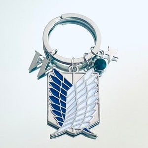 May include: Silver keyring with a blue and white winged emblem, a silver letter W charm, a green gem, and a silver star charm.