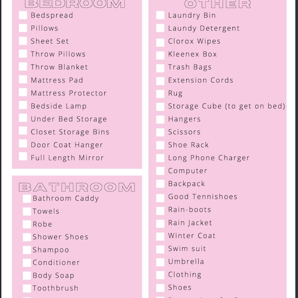 College Dorm Check List | First Year | College | Freshman | University Check List | Check Lists | Packing Checklist