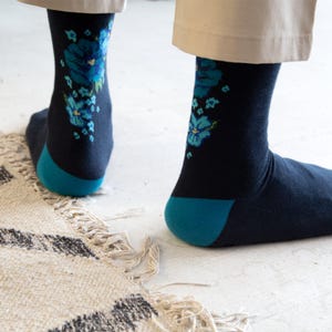 Blue Floral Men’s Socks, Elegant Groomsmen Gift, Wedding Day Accessories, Size 8-13, Soft Luxury Dress Socks for Men, Flower socks