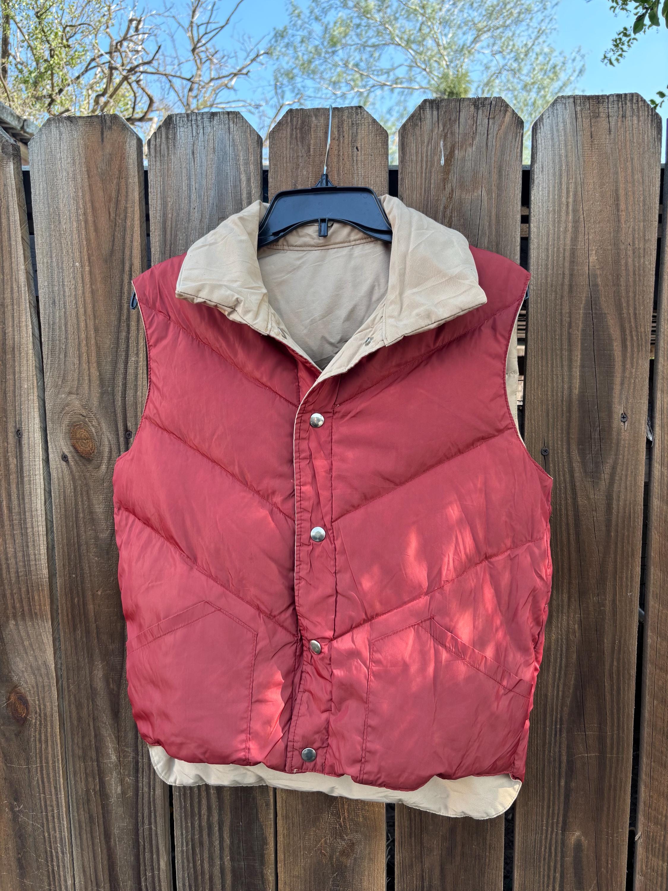 Vintage 60s-70s Reversible Tan and Red Puffer Vest With a Retro 