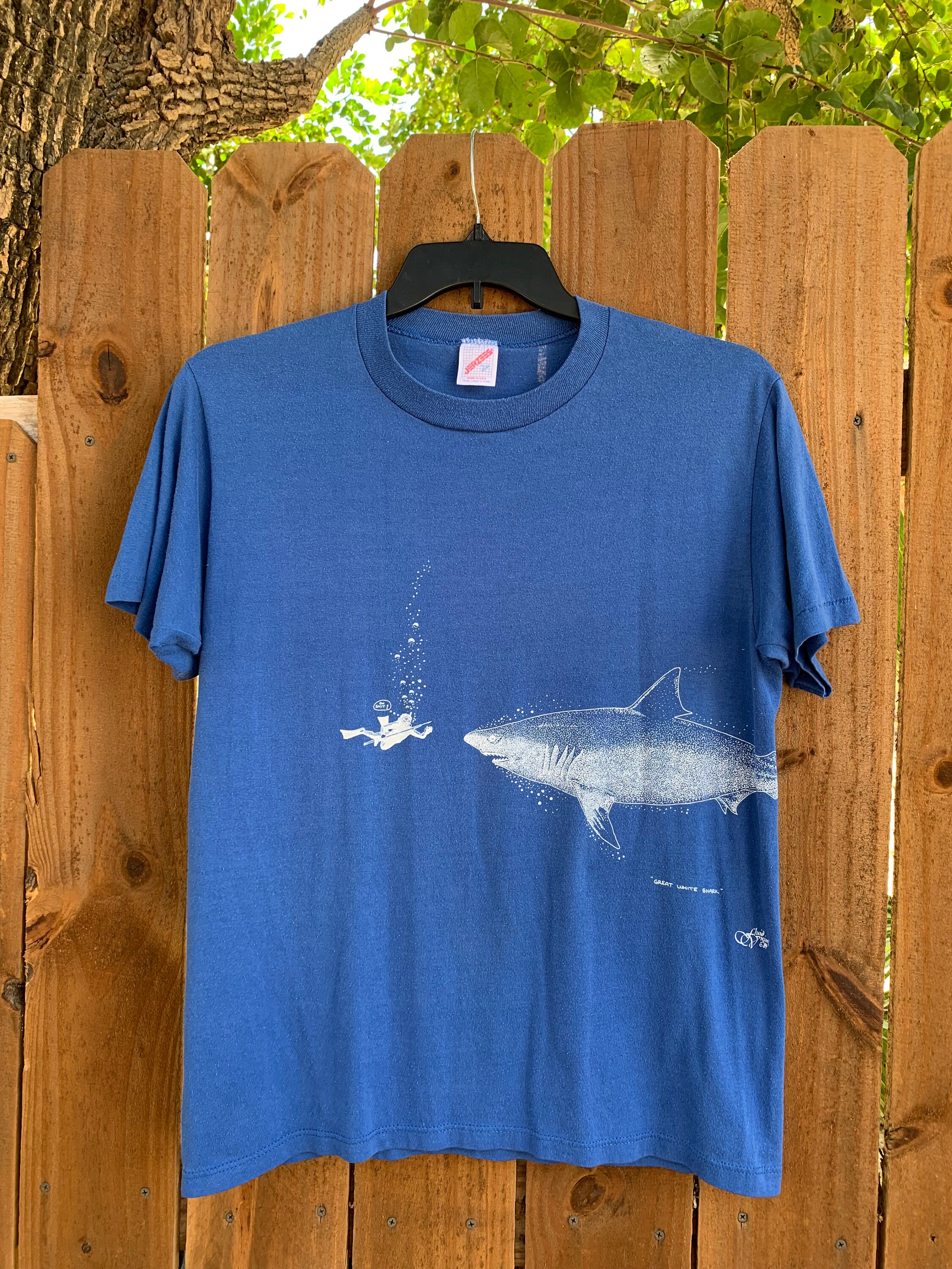 Shit Sharr Vintage 1984 Great Withe Shark Diving T-shirt Size L Oh Shit! by