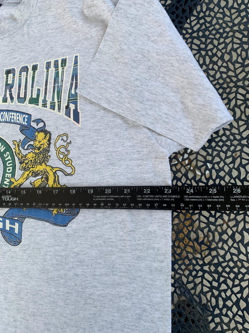 Pu&ograve; includere: T-shirt grigio chiaro con una grafica con la scritta "ROLINA" in lettere a scacchi. Sotto, una grafica di un leone e la scritta "CONFERENCE" sono visibili. La maglietta misura circa 61 cm di larghezza.