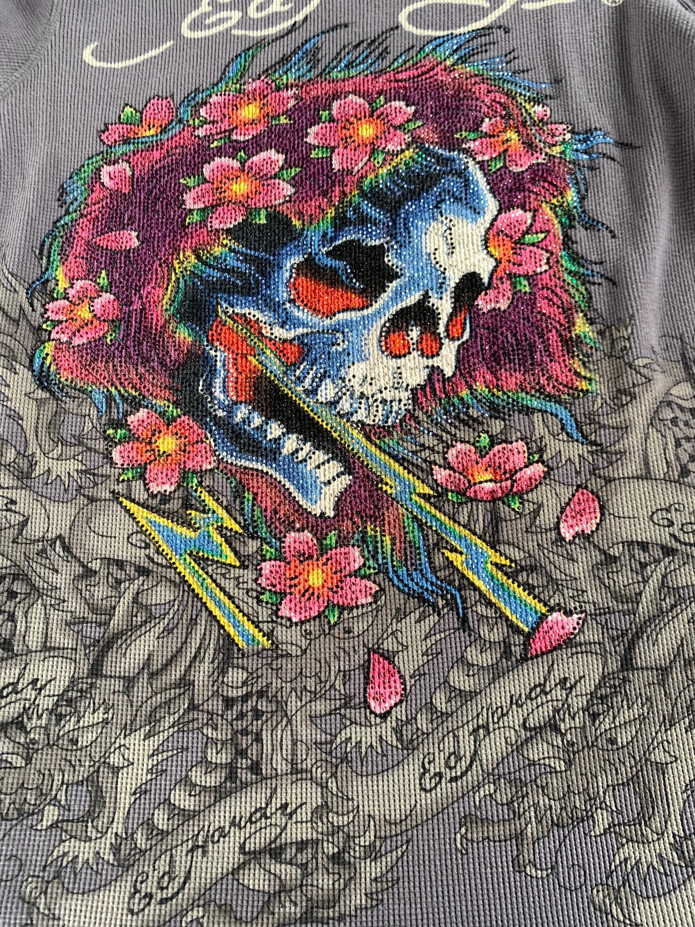 Vintage Y2K Ed Hardy Thermal Shirt: Rhinestone Skull & Dragon