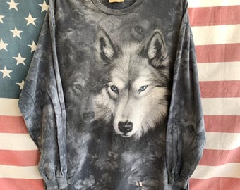 Vintage 2002 The Mountain Grey and black long sleeve wolf graphic Tie Dye tee Size XXL