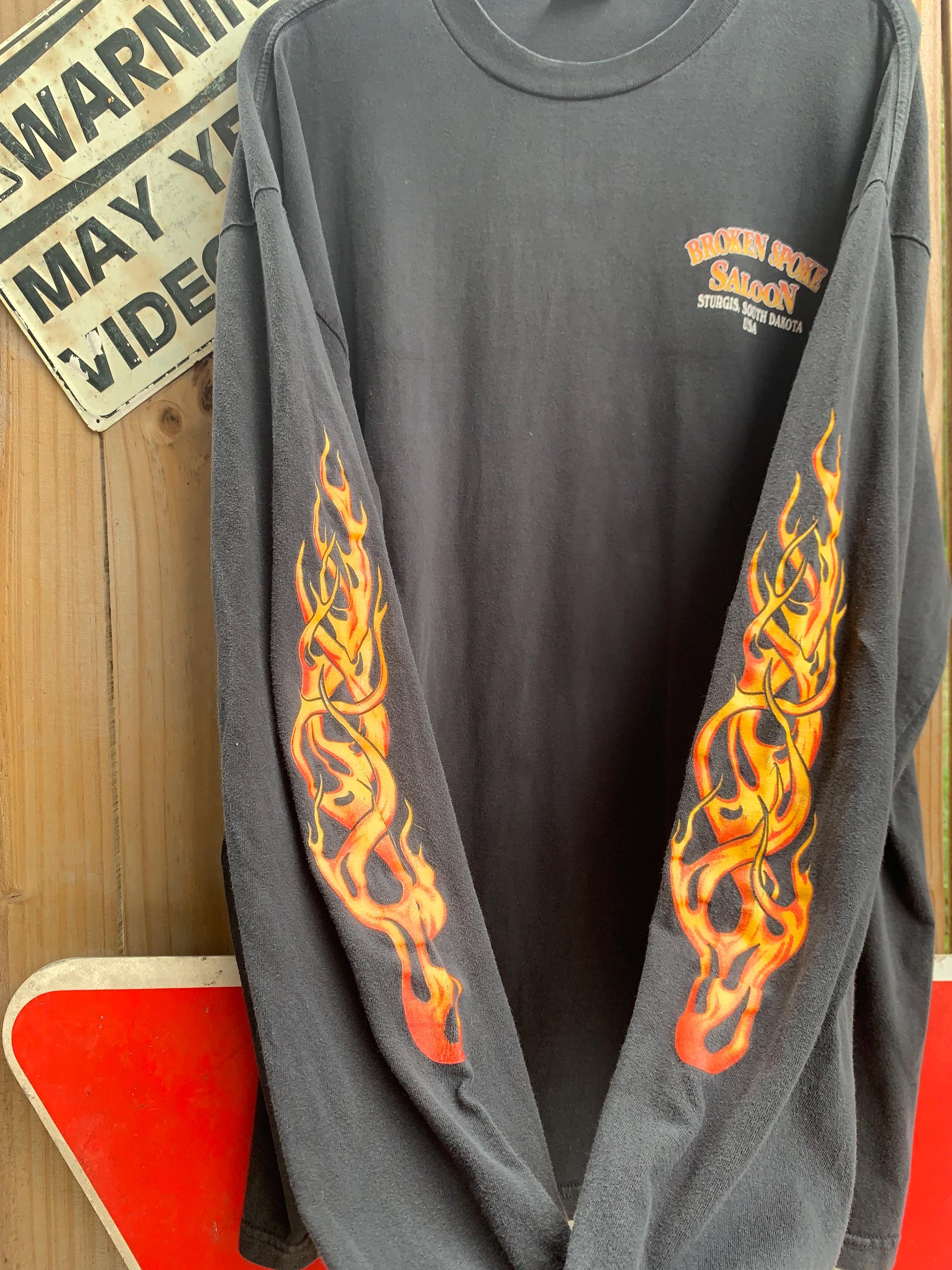 Y2K Biker Shirt: Vintage Broken Spoke Sturgis Flame Long Sleeve