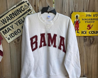Vintage 90s Russell Athletic Alabama Crimson Tide crewneck sweatshirt with red arched 'BAMA' text, size L