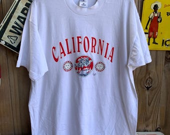 1990s California graphic tee, single stitch, white with red graphics size XL