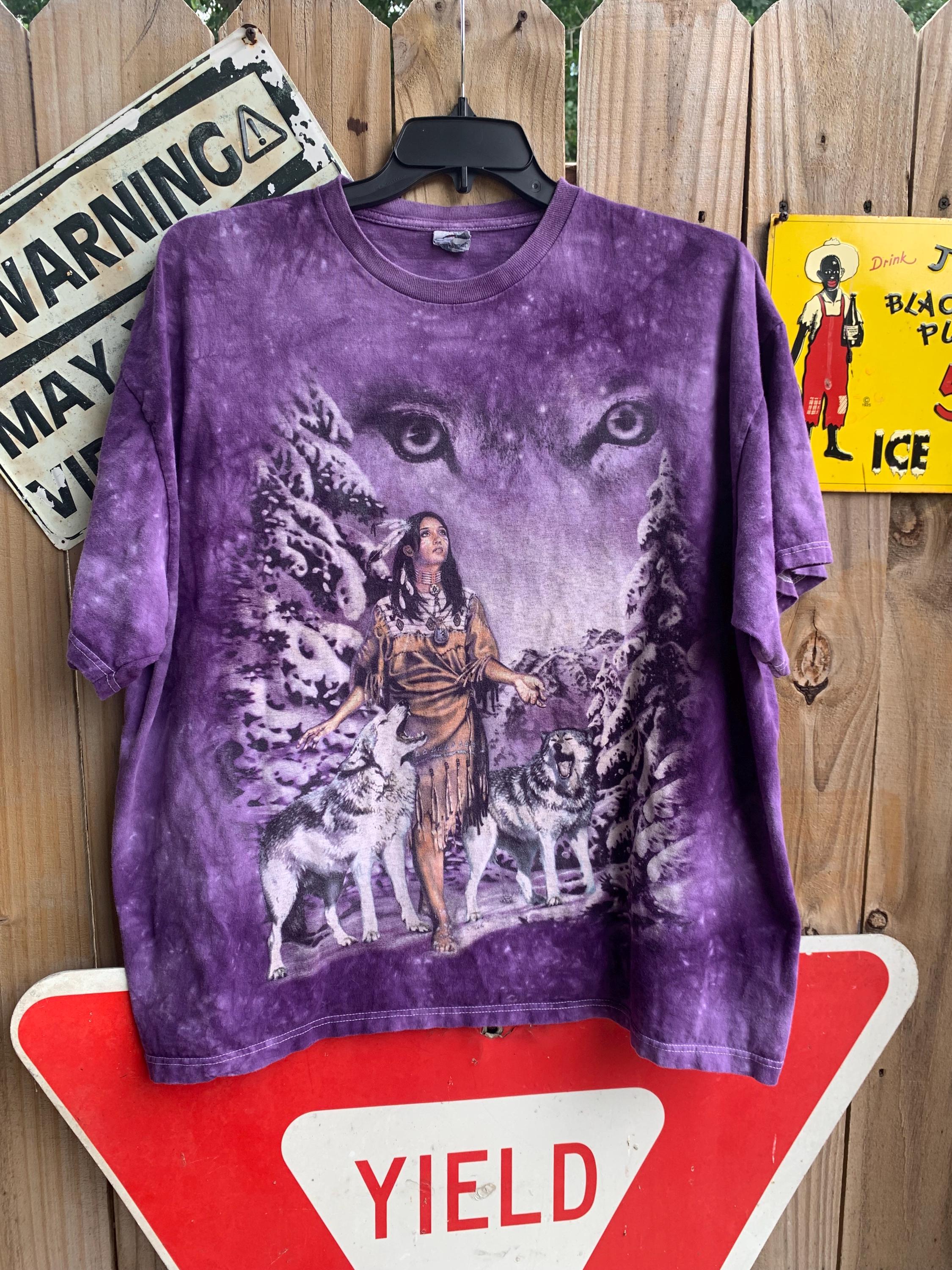 Vintage 90s Purple Tie-dye Native American Graphic Tee With Wolf