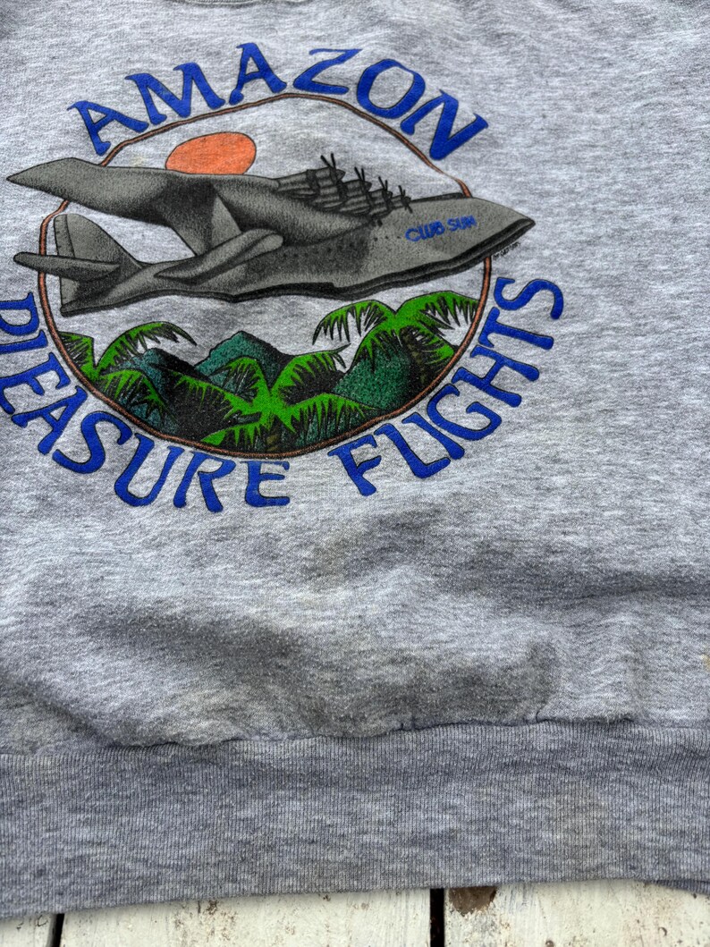 Puede incluir: Sudadera gris con un gr&aacute;fico que presenta un avi&oacute;n vintage, un sol poniente y follaje tropical. El texto "AMAZON PLEASURE FLIGHTS" est&aacute; impreso en azul alrededor del dise&ntilde;o. La sudadera tiene un aspecto desgastado.