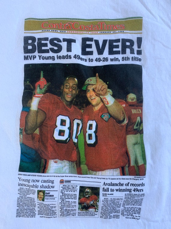 1989年新聞記事デザイン NFL SF 49ers Tシャツ 未使用 Mサイズ 【公式