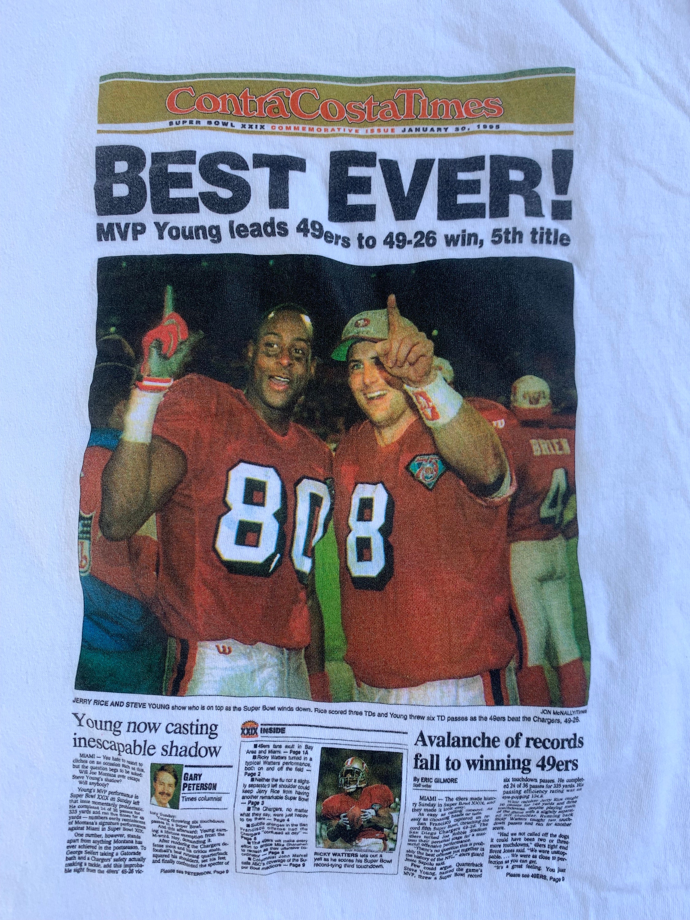 Vintage 90s San Francisco 49ers Newspaper Champion NFL Football T 