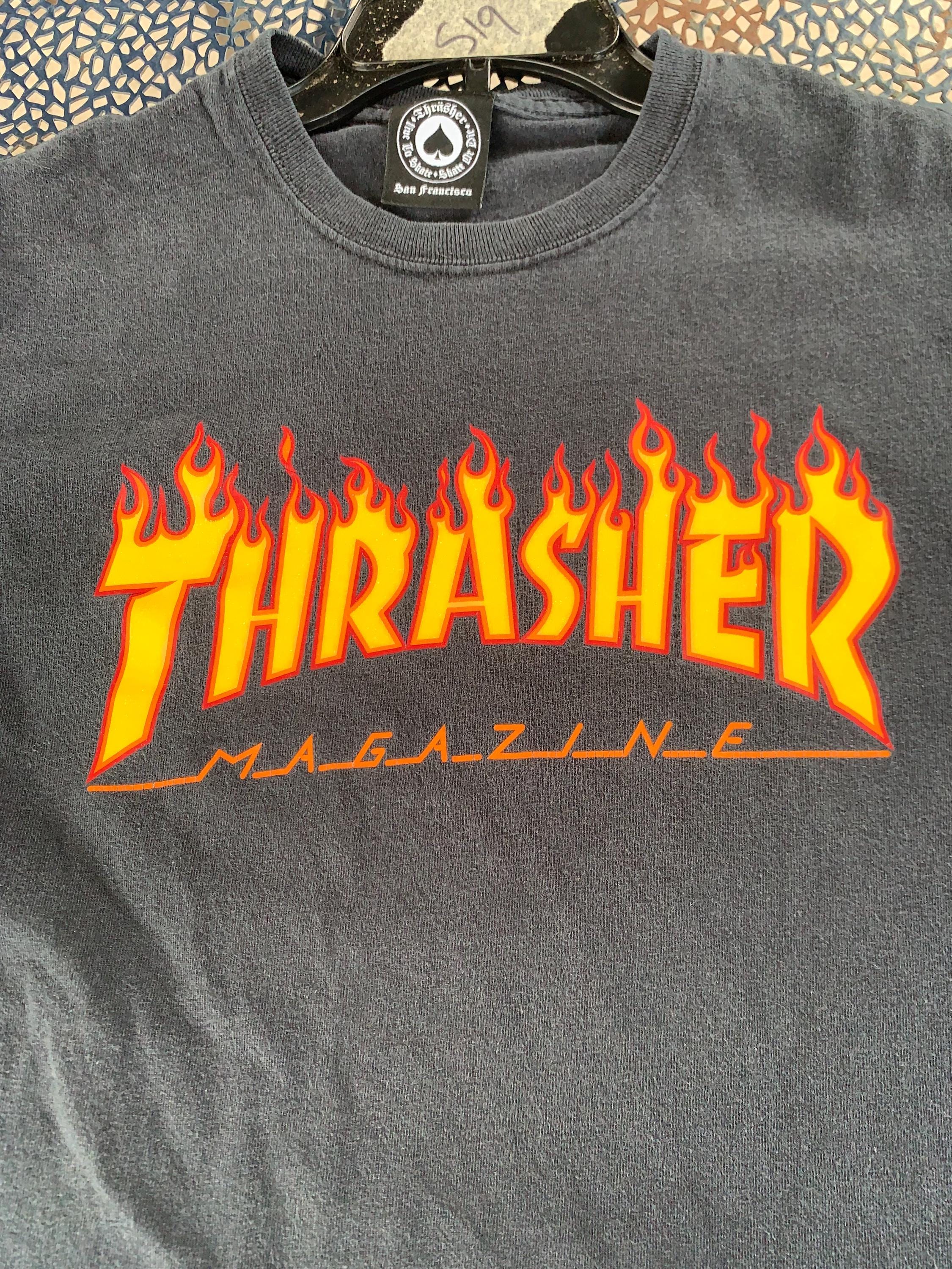 Vintage Y2K Thrasher Magazine Flames Black and Orange Cotton T