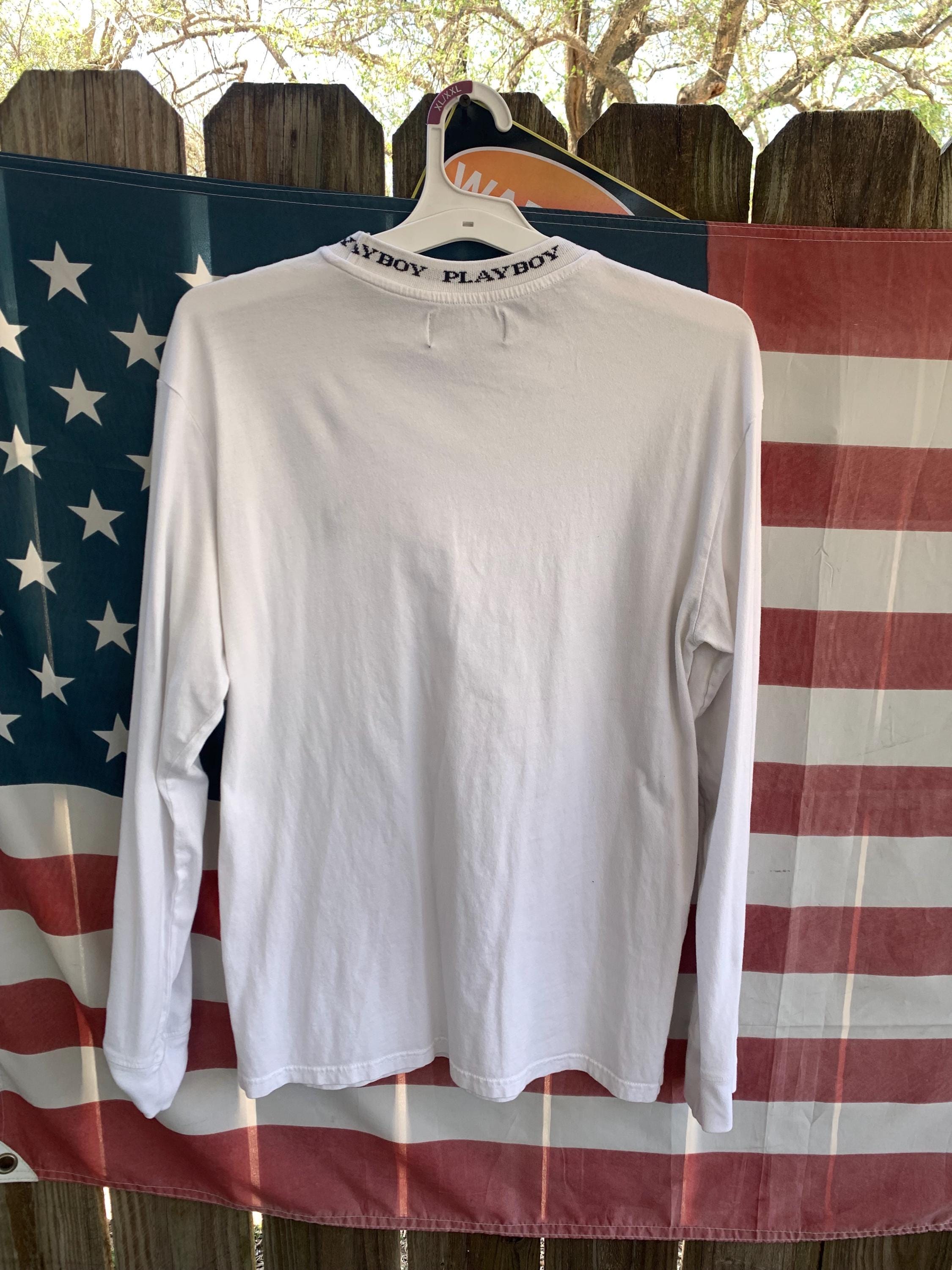 White Playboy Long Sleeve Shirt With Black Embroidered Logo Size M