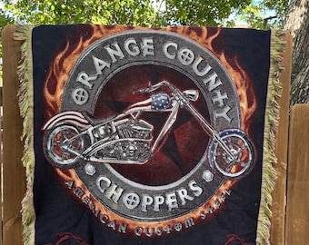 Vintage Orange County Choppers Woven Tapestry Blanket | OCC American Custom Steel Motorcycle Throw Blanket Fringe Wall Hanging Y2K Biker Dec