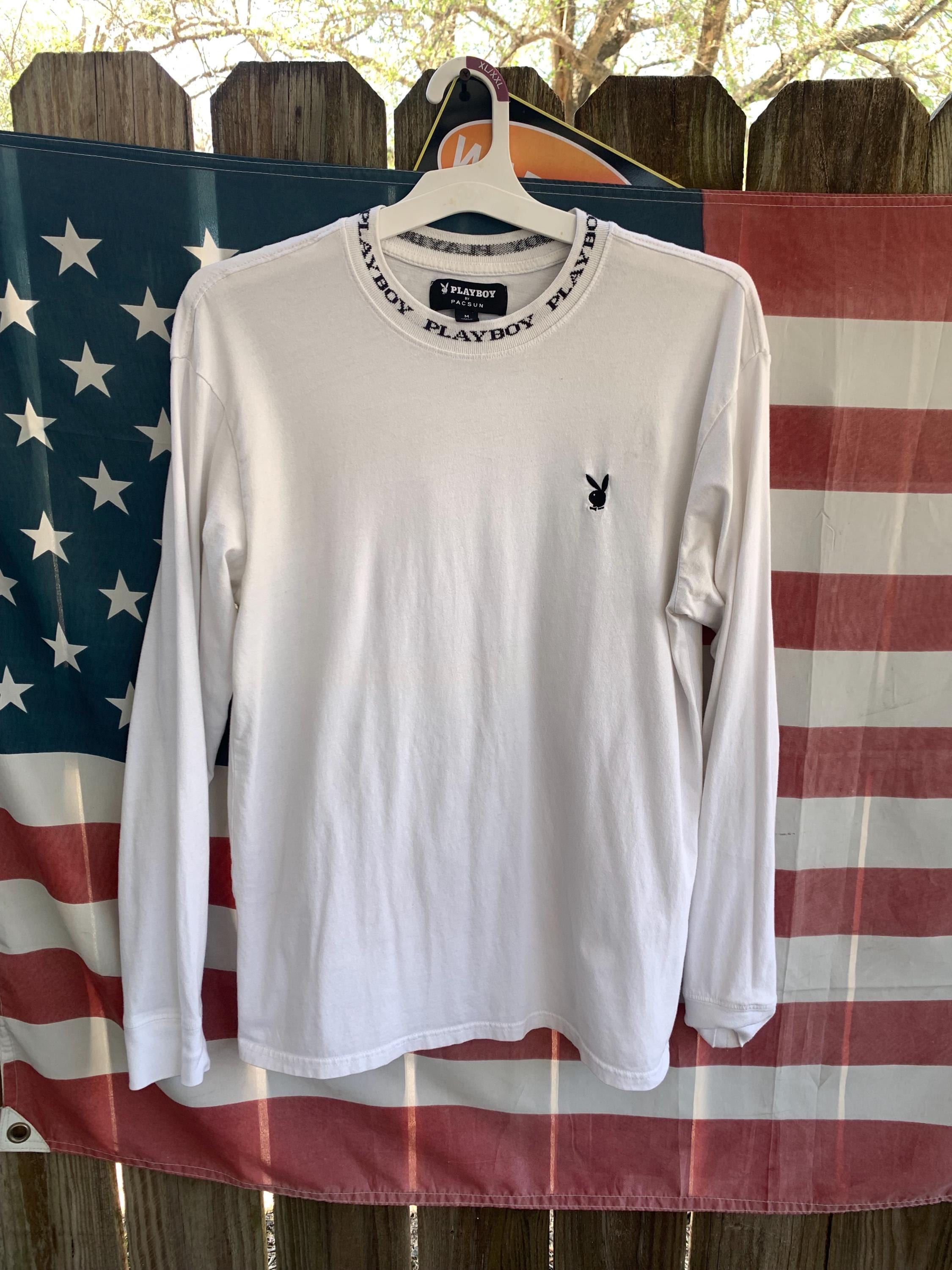 White Playboy Long Sleeve Shirt With Black Embroidered Logo Size M