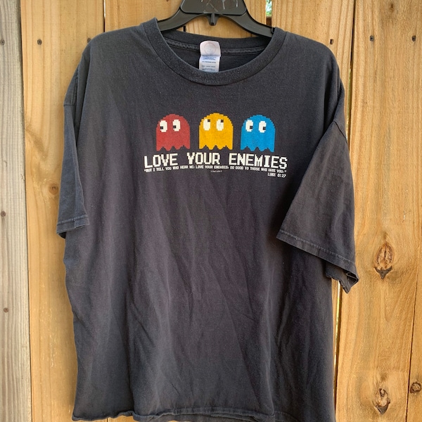 Vintage  90s pac-man Religious Parody T-shirt Size 2XL. love your Enemies