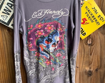 Vintage Y2K Ed Hardy Thermal Shirt: Rhinestone Skull & Dragon Design, Size M