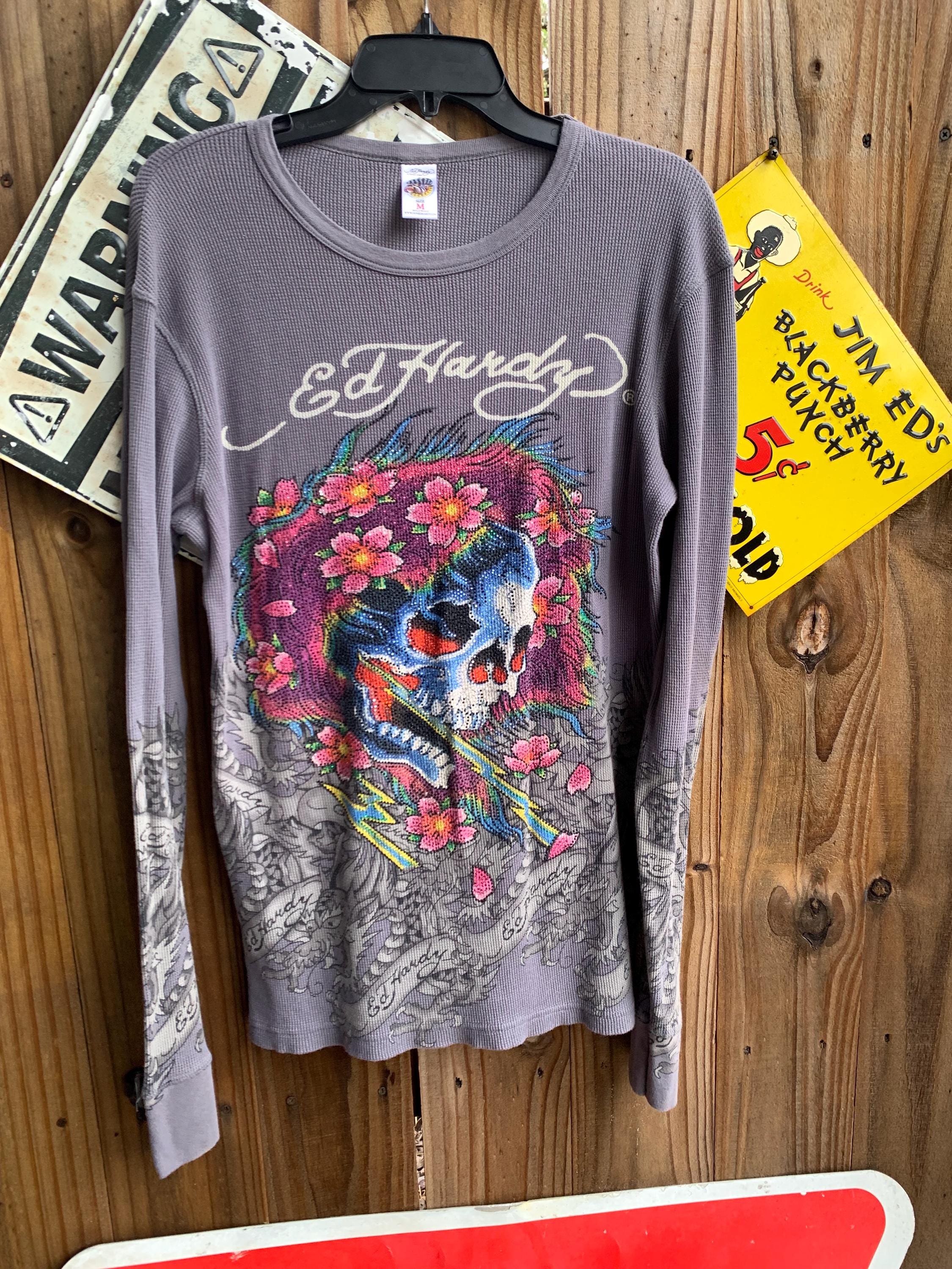 Vintage Y2K Ed Hardy Thermal Shirt: Rhinestone Skull & Dragon