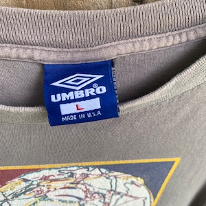 May include: A grey t-shirt with a blue and white Umbro logo and the text "MADE IN U.S.A." The shirt features a graphic of a globe with a yellow outline.