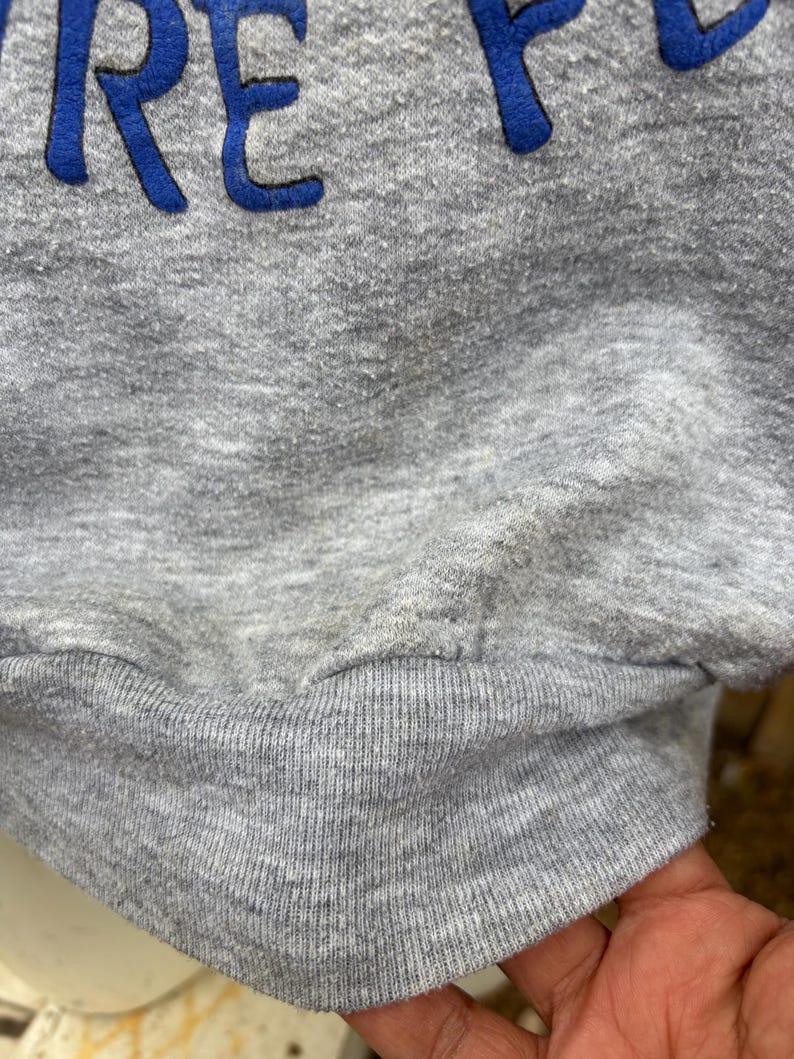 Puede incluir: Primer plano de una sudadera gris con el texto azul "ARE YOU". La sudadera tiene un dobladillo y pu&ntilde;os acanalados. La tela parece ser un material suave y afelpado.