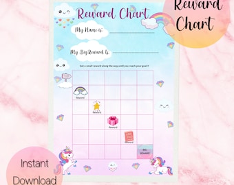 May include: A colourful reward chart with a light blue sky background, featuring a rainbow, clouds, and unicorns. The chart includes spaces for rewards and the text "Reward Chart", "My Name is", and "My Big Reward Is". The words "Instant Download" are also visible.