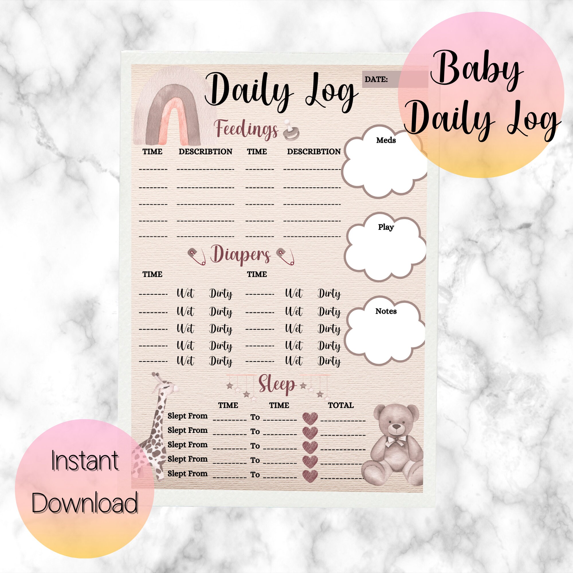 Gender Neutral Brown Beige Baby Daily Log Template, New Born Baby