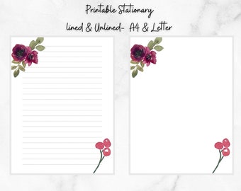 einfaches Burgundy Florales druckbares Briefpapier, Linienblatt, Florales druckbares Briefpapier, Briefpapier zum Ausdrucken, Briefschreibset
