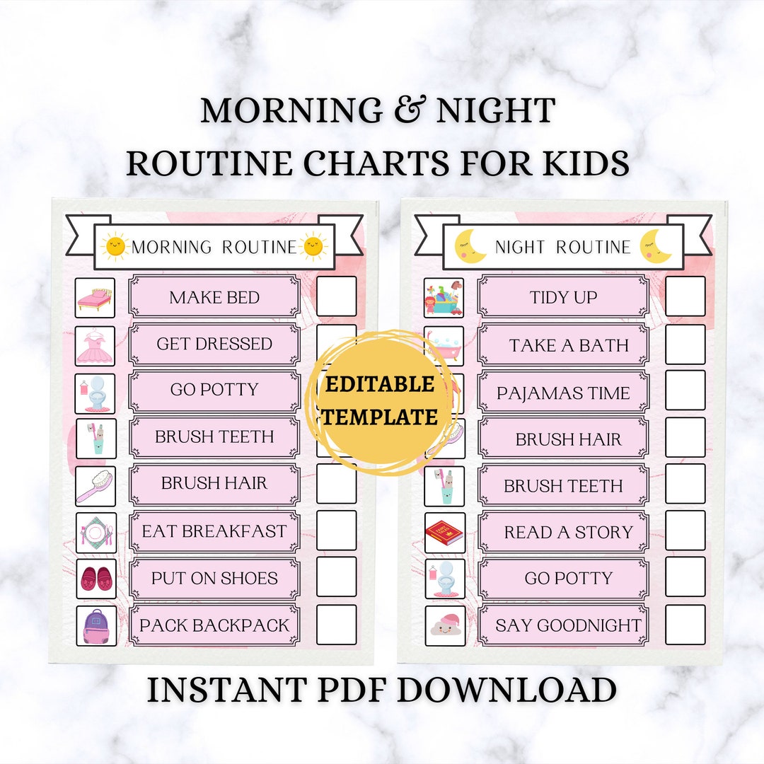 EDITABLE KIDS GIRLS Morning / Night Routine Charts, Printable Checklist ...