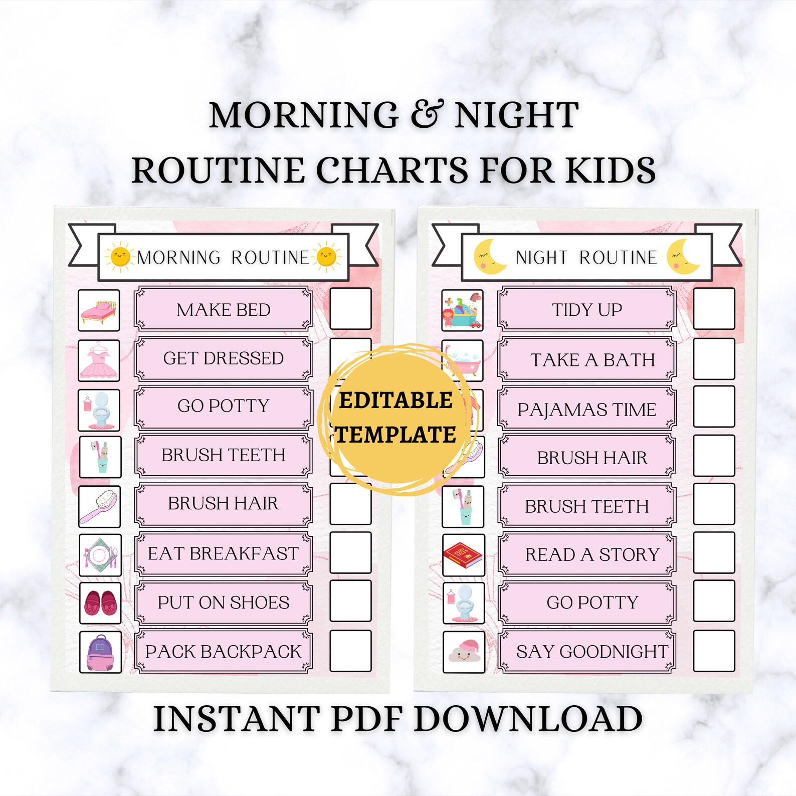 EDITABLE KIDS GIRLS Morning / Night Routine Charts, Printable Checklist ...