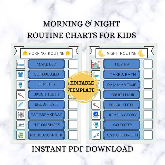 Editable KIDS BOYS morning / night Routine template, Printable Checklist, Instant Download, Premade & Blank Charts, Daily Responsibility