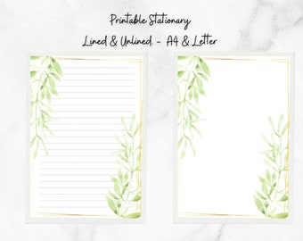 PRINTABLE Notes, greenery boarder Letter Writing Paper, Unlined Journal Page, Lined Stationery Sheets, Writing Set Download, Notepaper
