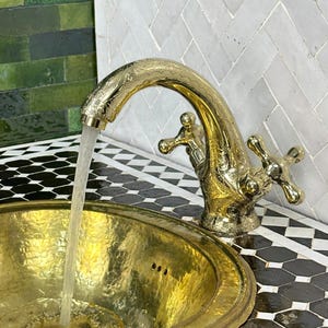 Engraved Brass Bathroom Faucet – Solid Brass Moroccan Sink Tap, Antique-Style Vanity Fixture