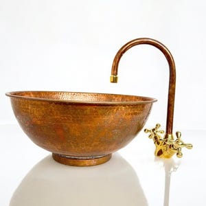 Hand-Hammered Round Copper Vessel Sink - Artisan Bathroom Decor