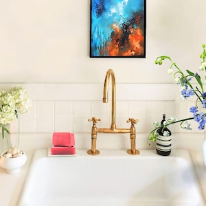 Unlacquered Brass Bridge Kitchen Faucet with Sprayer