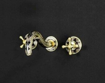 Wall-Mounted Sink Faucet in Unlacquered Brass with Resin Detailing (with valve)