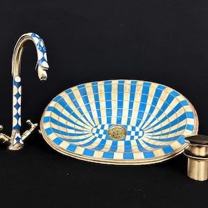 Unlacquered Brass Bathroom Faucet with Sink – Vintage Brass Sink Fixtures with Blue Resin & Bones – Antique Brass Bathroom Tap