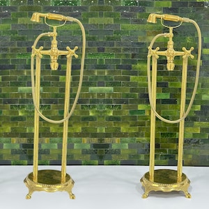 Unlacquered Brass Freestanding Tub Filler with Handheld Shower – Solid Brass Floor Mount Bathtub Faucet